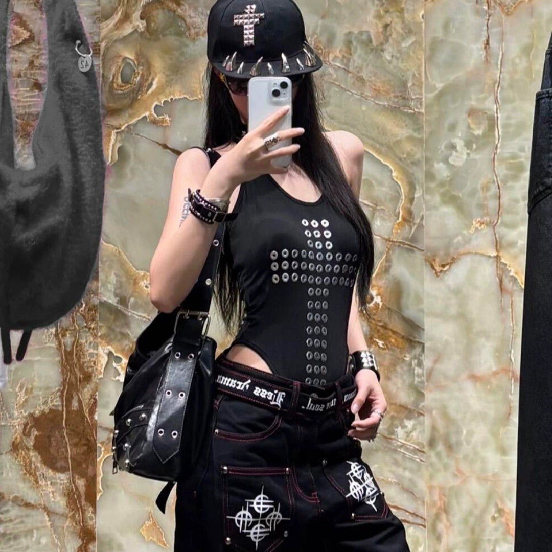 "Divine Rebellion" Cross Grommet Halter Top