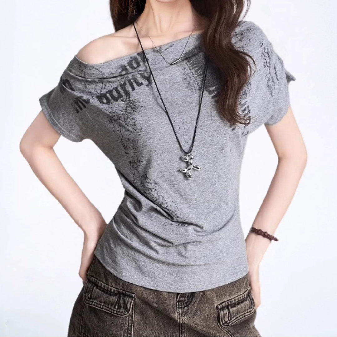 Grey Off-Shoulder Graphic Tee