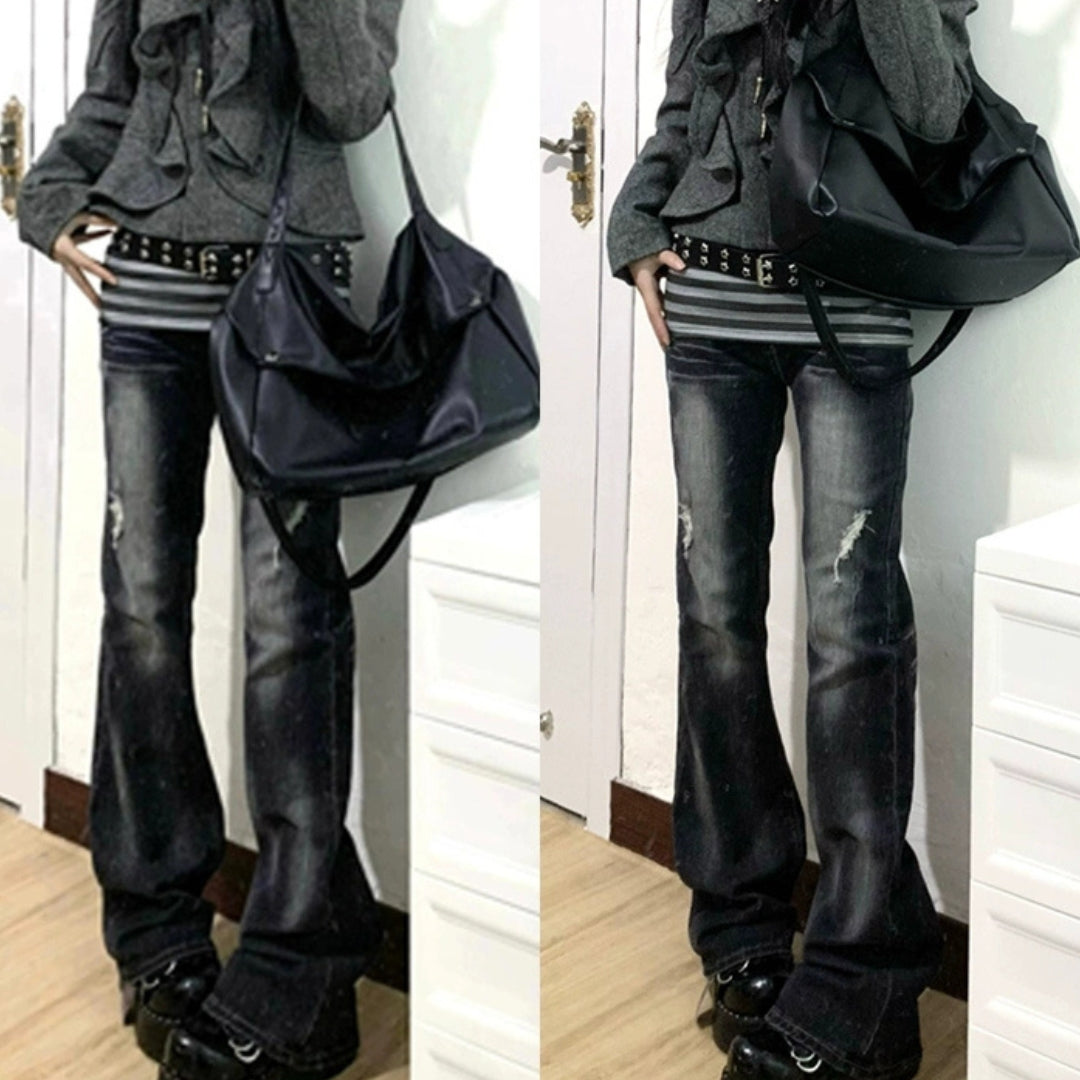 Gothic Lace & Distressed Flared Jeans
