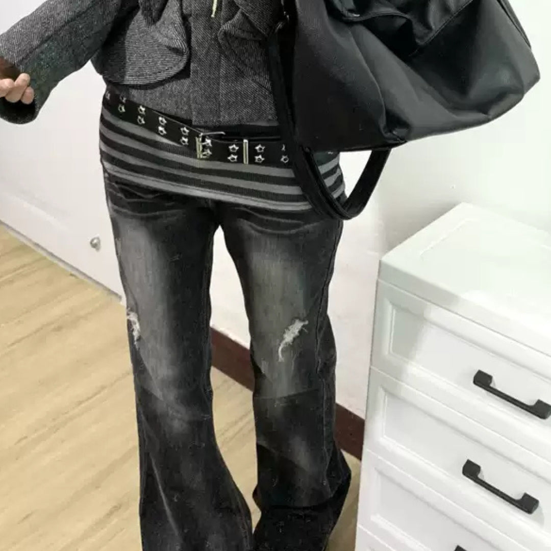 Gothic Lace & Distressed Flared Jeans