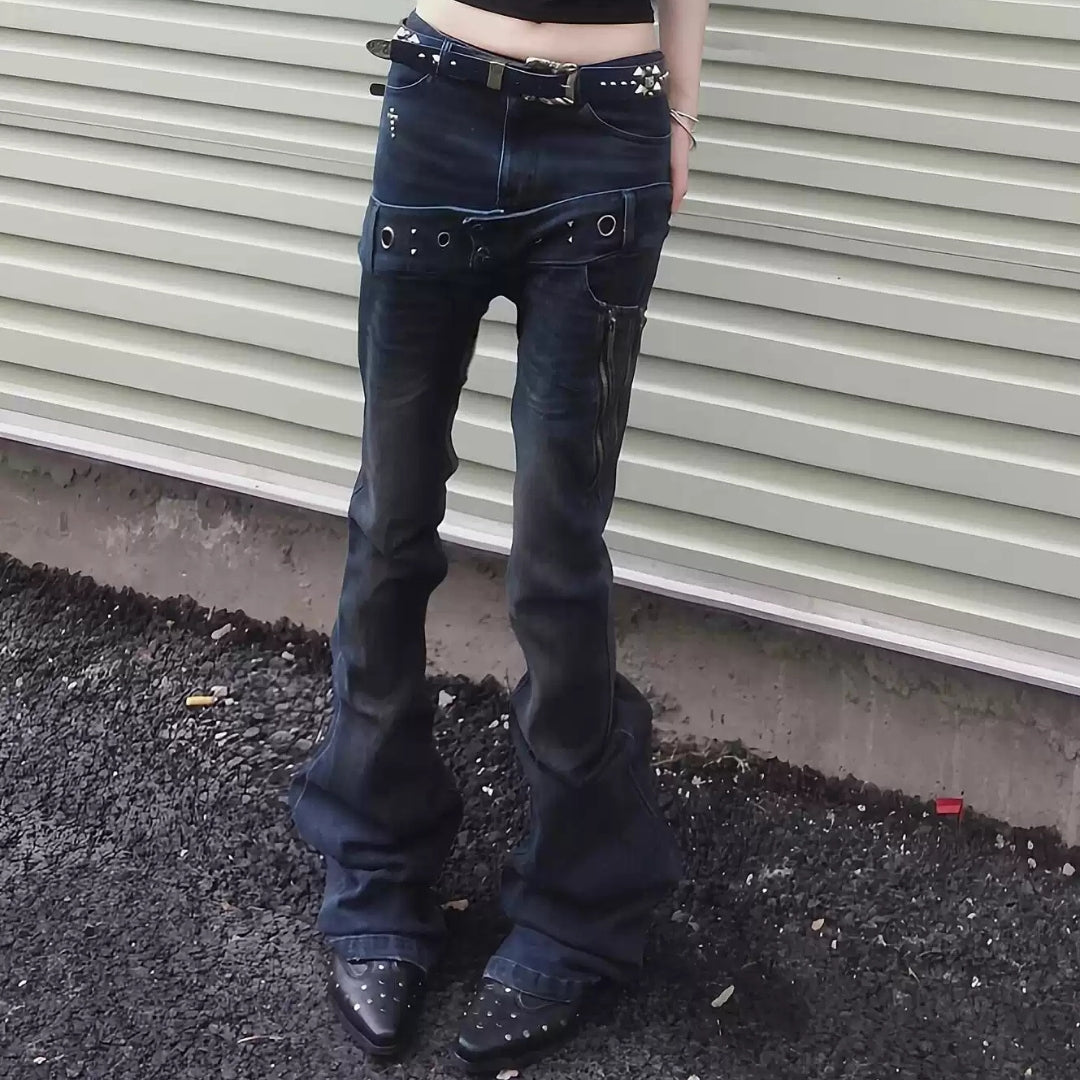 Layered Waist Grommet Flare Jeans