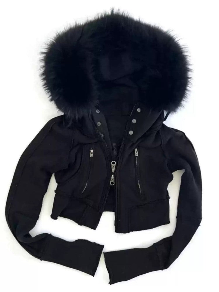 Retro Black Fur Collar Hooded Jacket