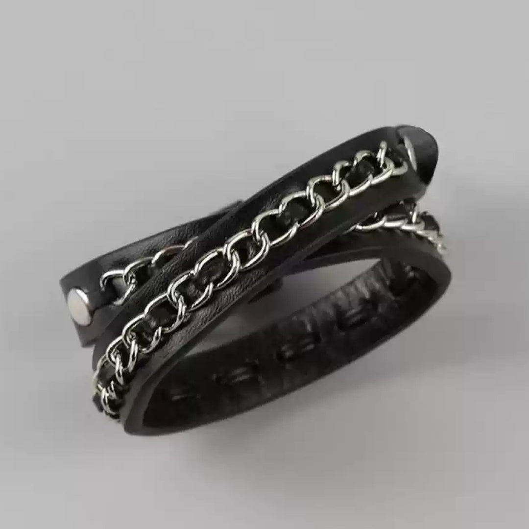 Edgy Double-Wrap Chain & Leather Bracelet