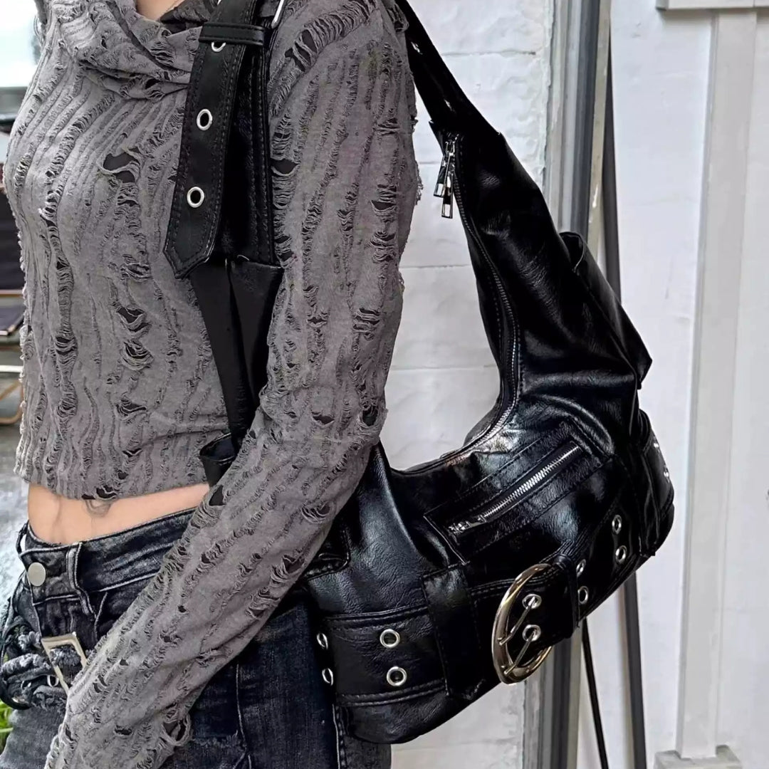 Punk Buckle and Grommet Shoulder Bag