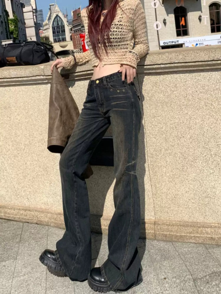 Retro Washed Low Waist Flared Jeans for Women