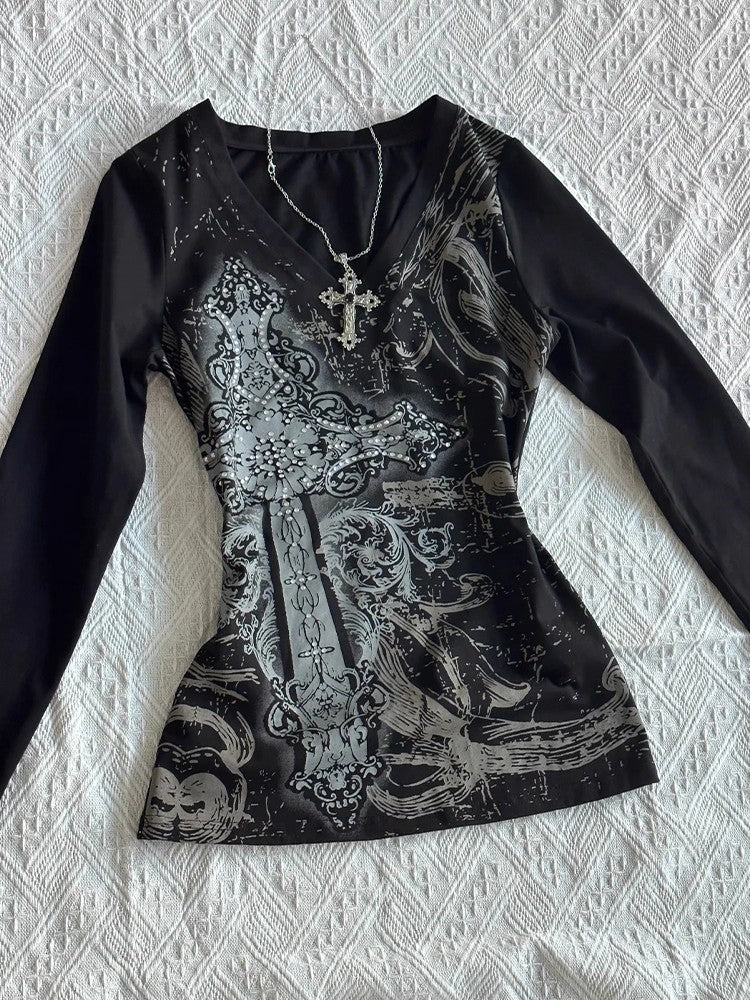 Black V-Neck Printed Long Sleeve Top