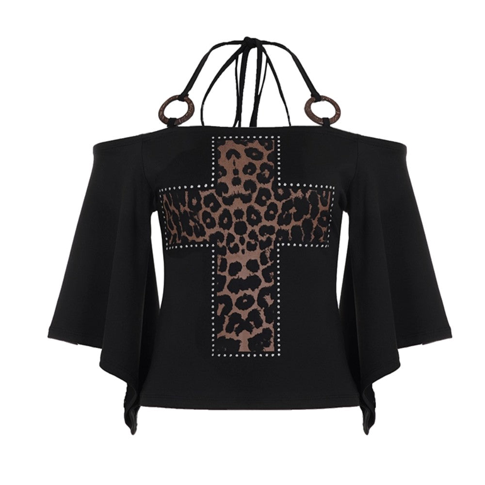 One-Shoulder Leopard Cross Bat Sleeve Top