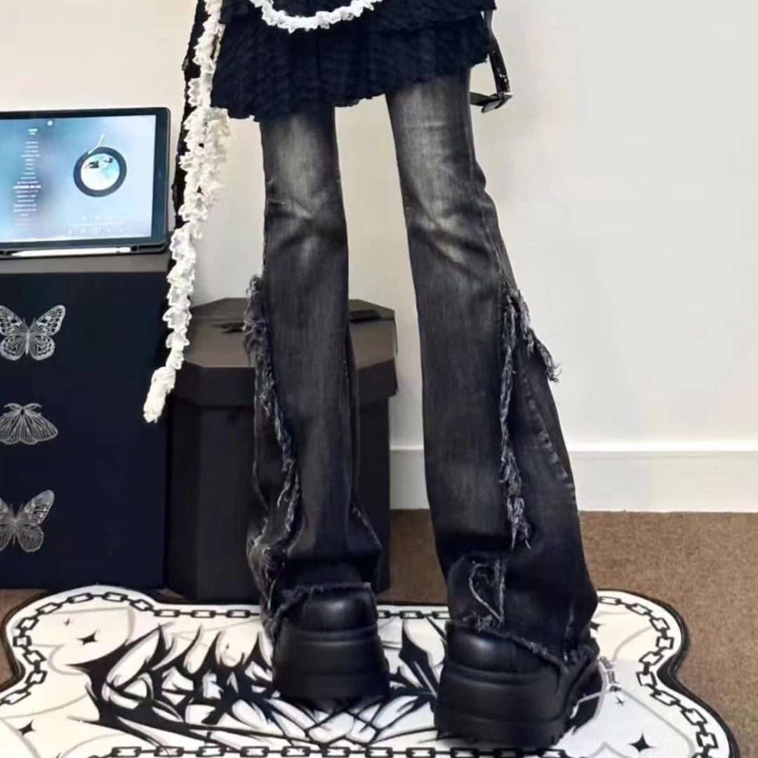 Gothic Lace & Distressed Flared Jeans