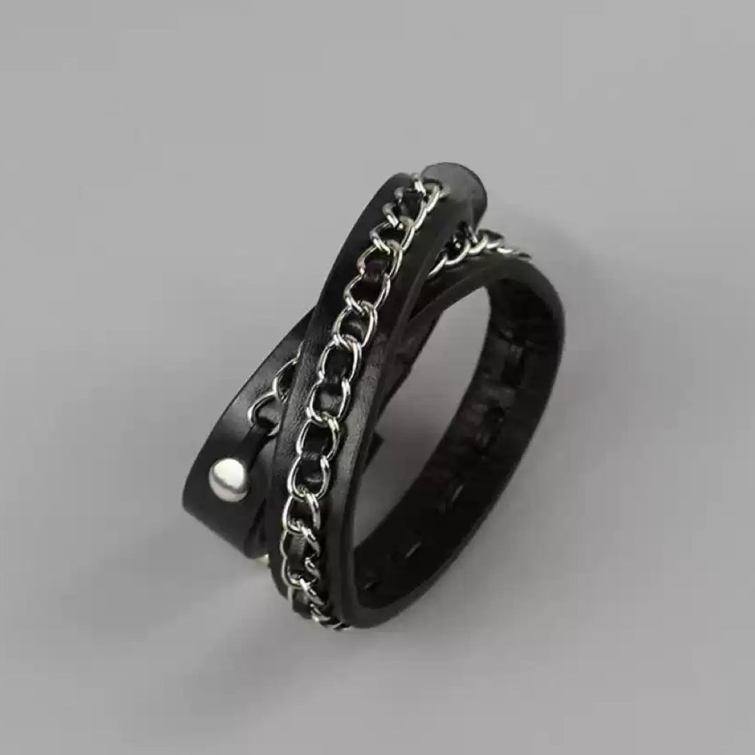 Edgy Double-Wrap Chain & Leather Bracelet