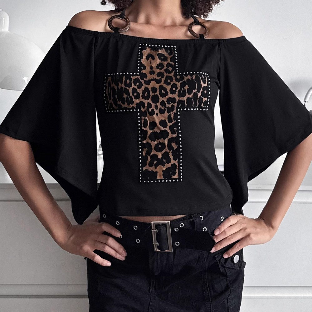 One-Shoulder Leopard Cross Bat Sleeve Top