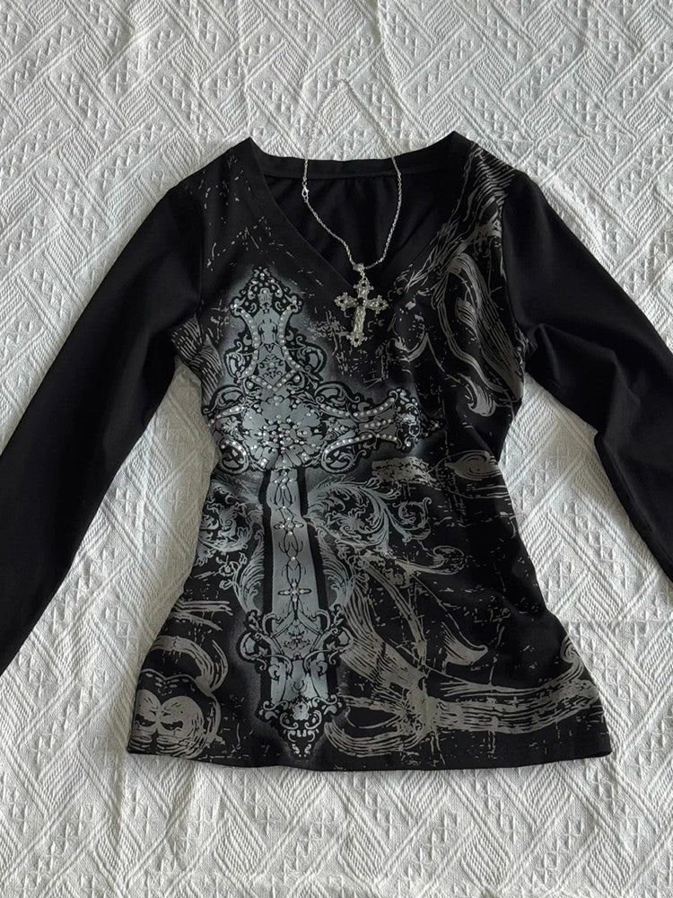 Black V-Neck Printed Long Sleeve Top