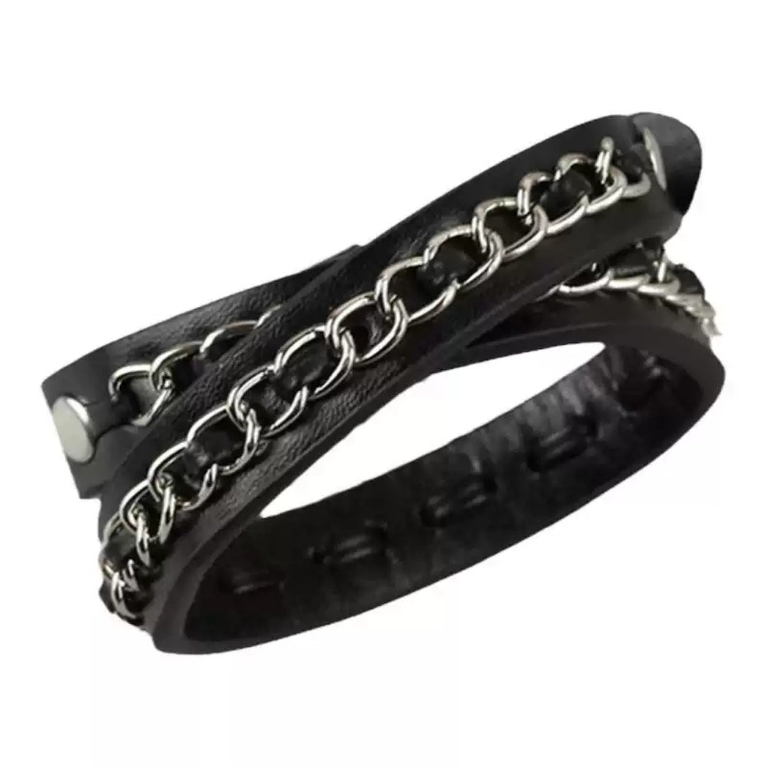 Edgy Double-Wrap Chain & Leather Bracelet