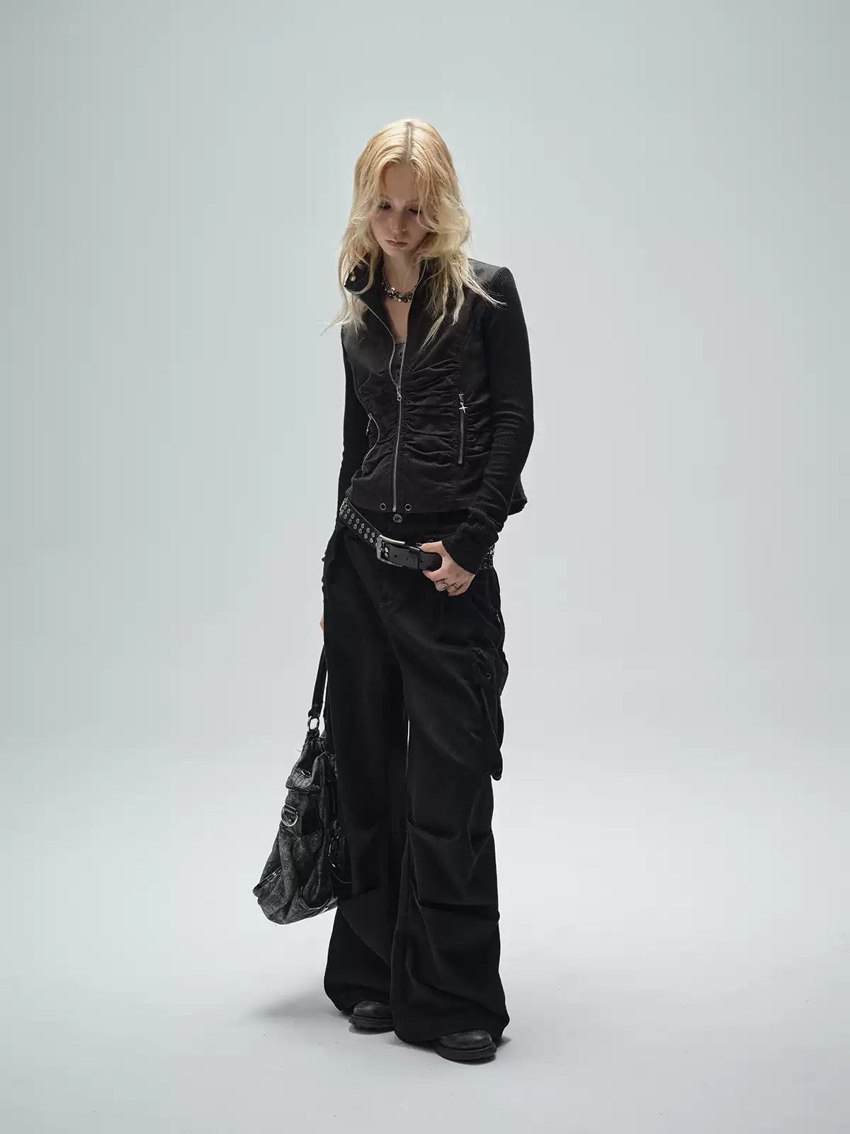 Black Pleated Slim Punk Zipper Jacket