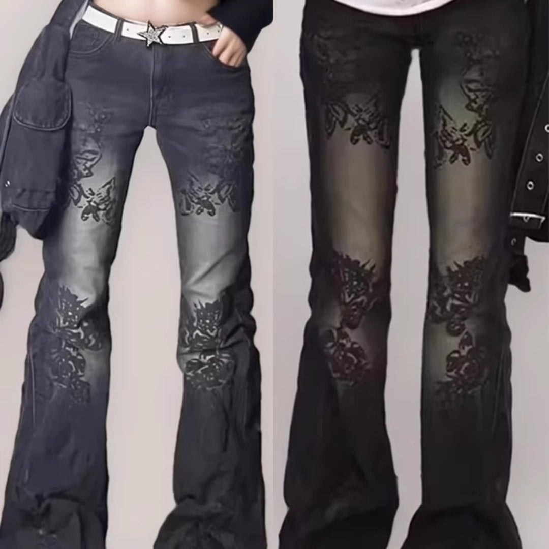 Gothic Lace & Distressed Flared Jeans