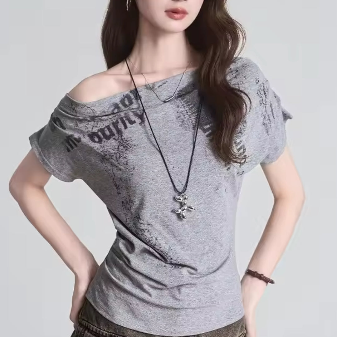 Grey Off-Shoulder Graphic Tee