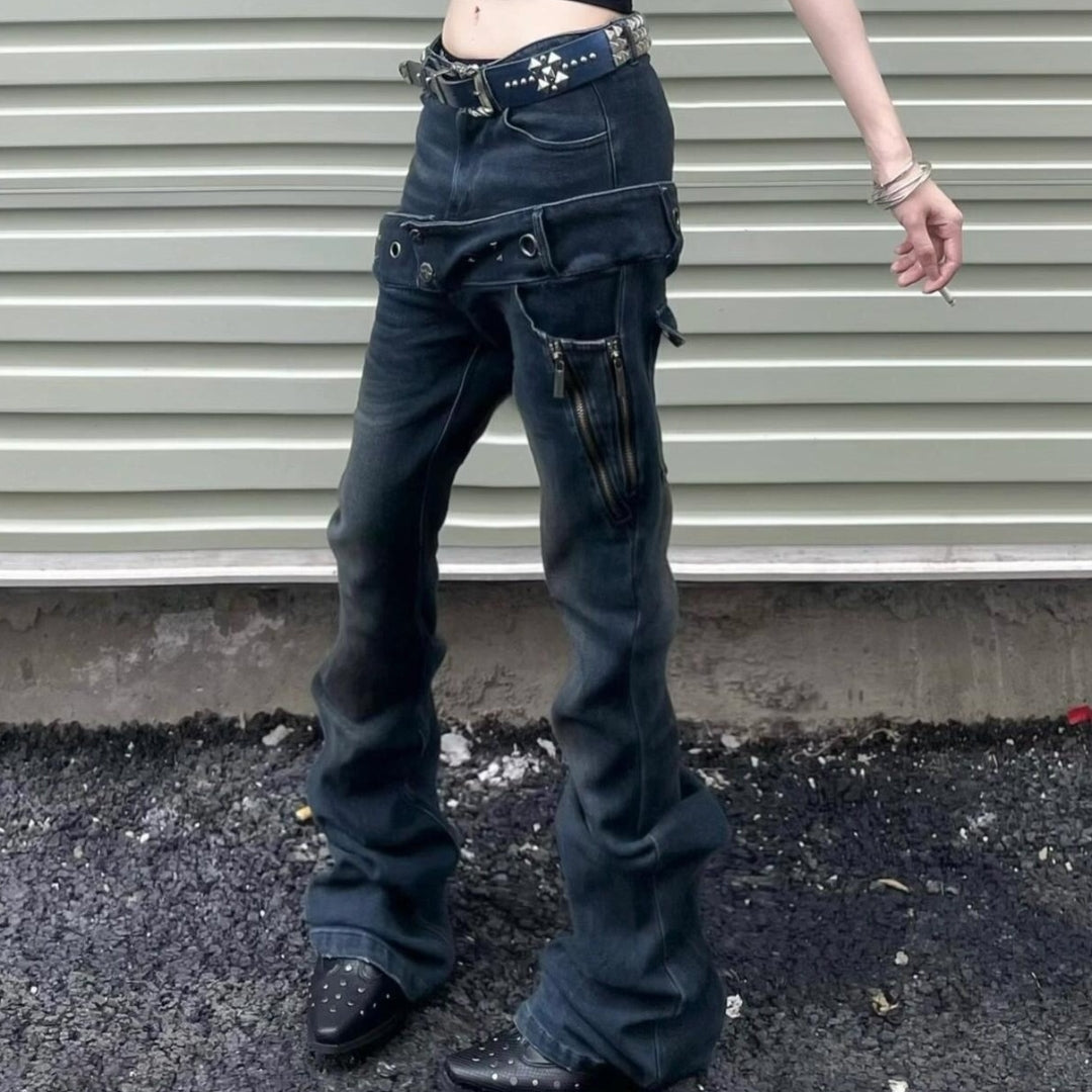 Layered Waist Grommet Flare Jeans
