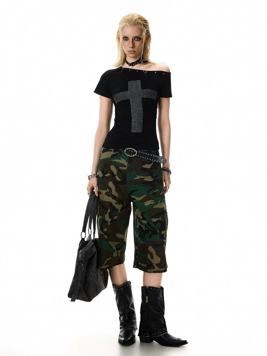 Rhinestone Cross Off-Shoulder Top