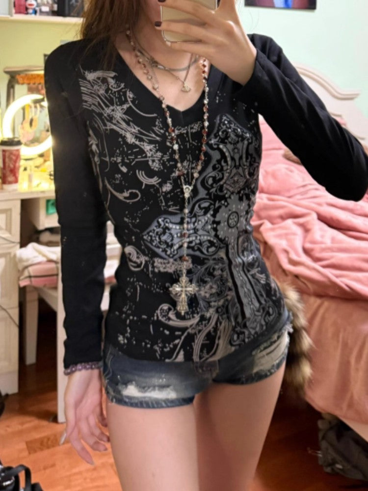 Black V-Neck Printed Long Sleeve Top