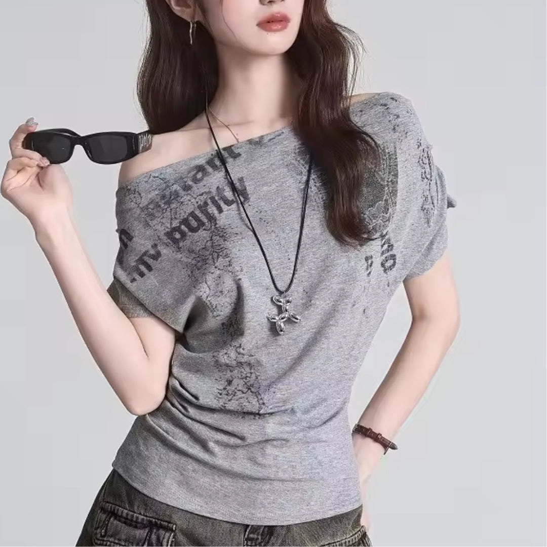 Grey Off-Shoulder Graphic Tee