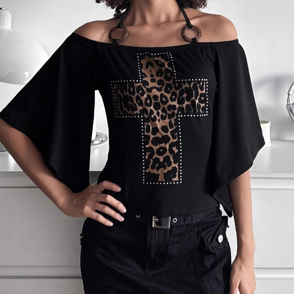 One-Shoulder Leopard Cross Bat Sleeve Top