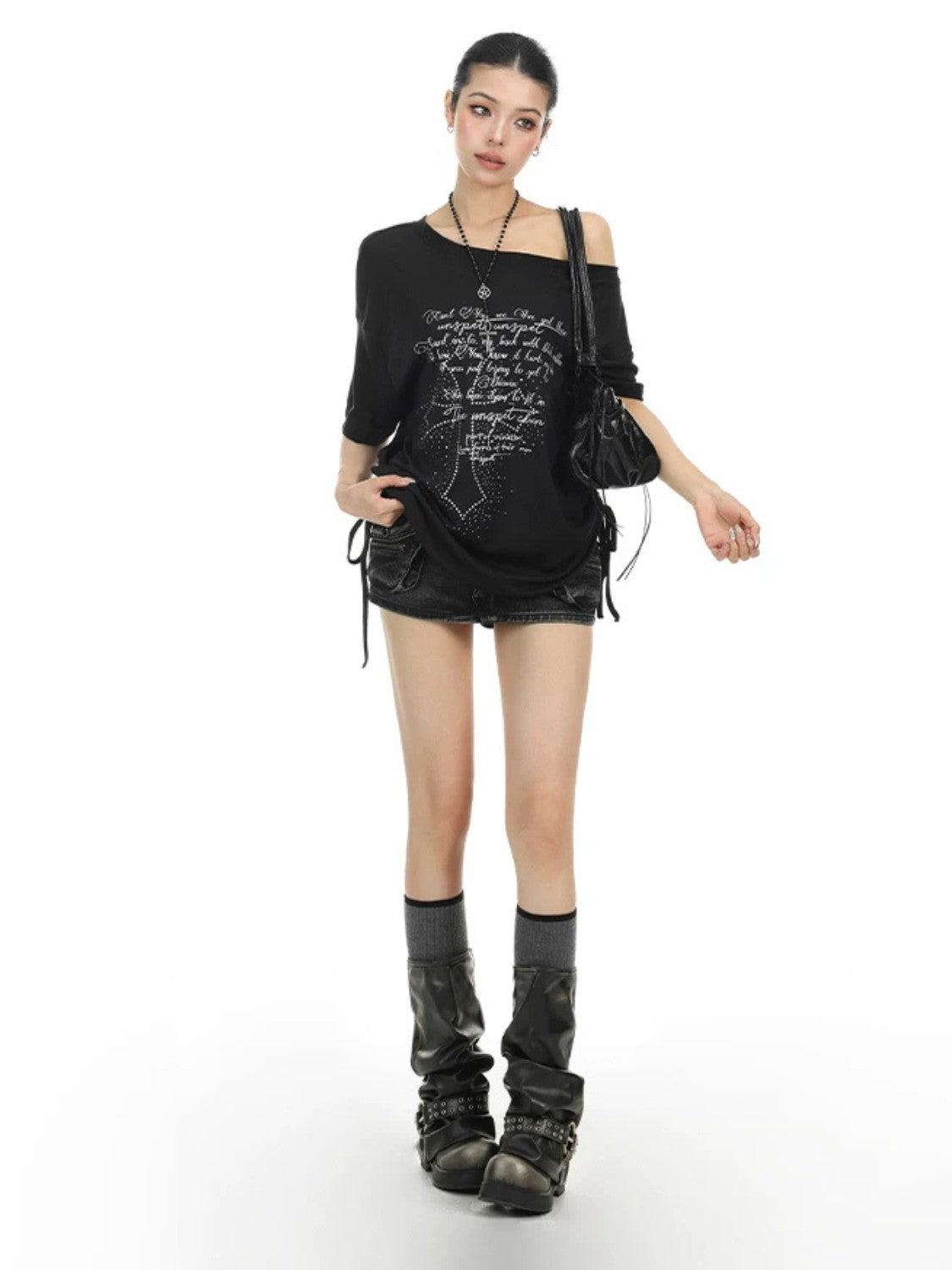 Rhinestone Cross Off-Shoulder Tee