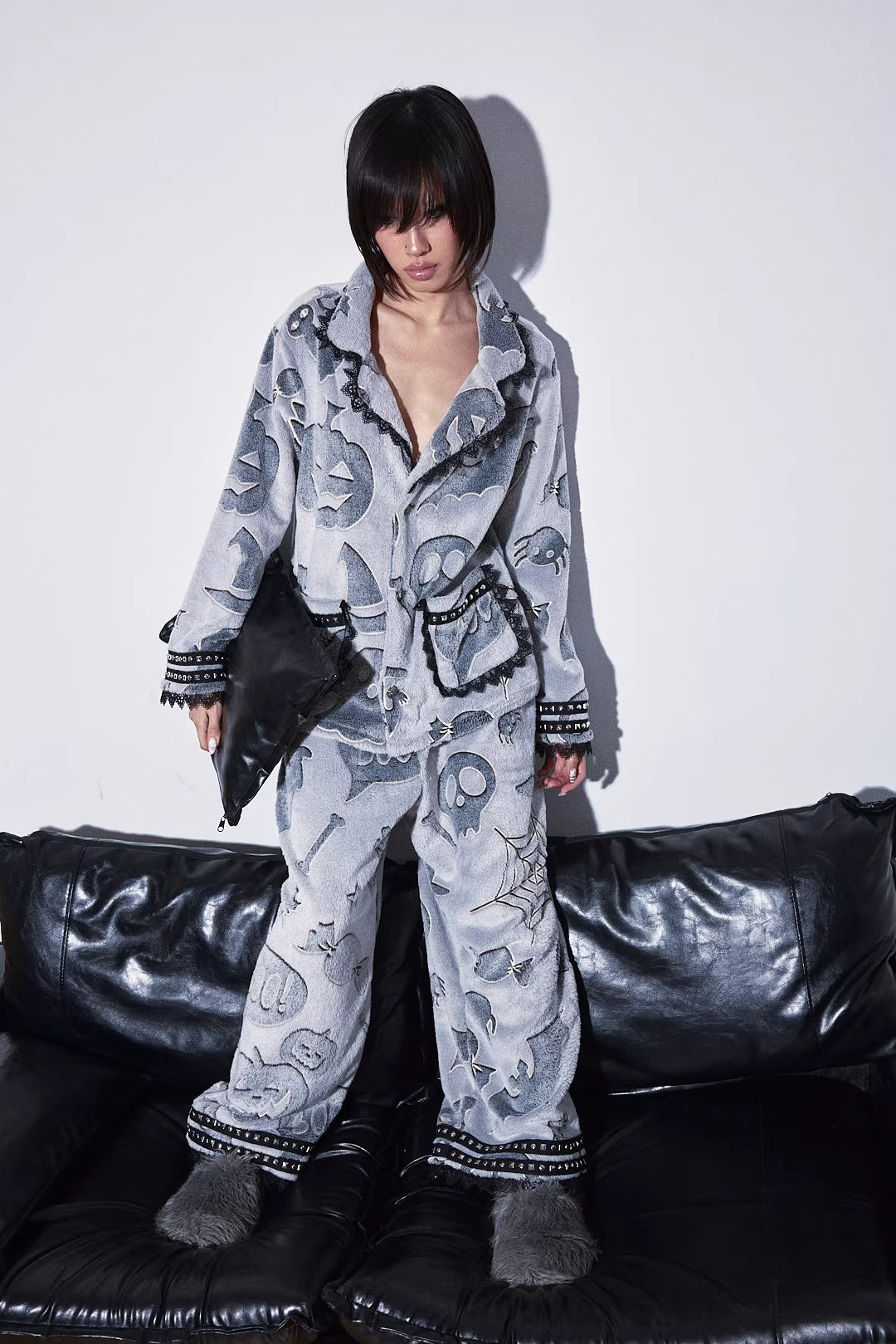 Soft and Skin-Friendly Fleece Little Devil Cross Lace Pajama Set