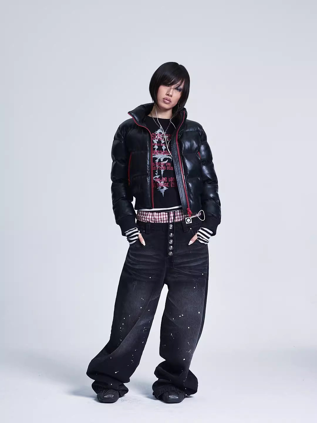 Detachable Fur Collar Color-Blocked PU Leather Cotton-Padded Jacket