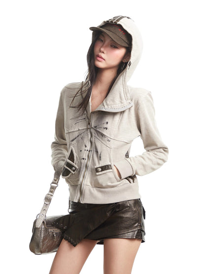 Retro Hooded Zipper Short Jacket