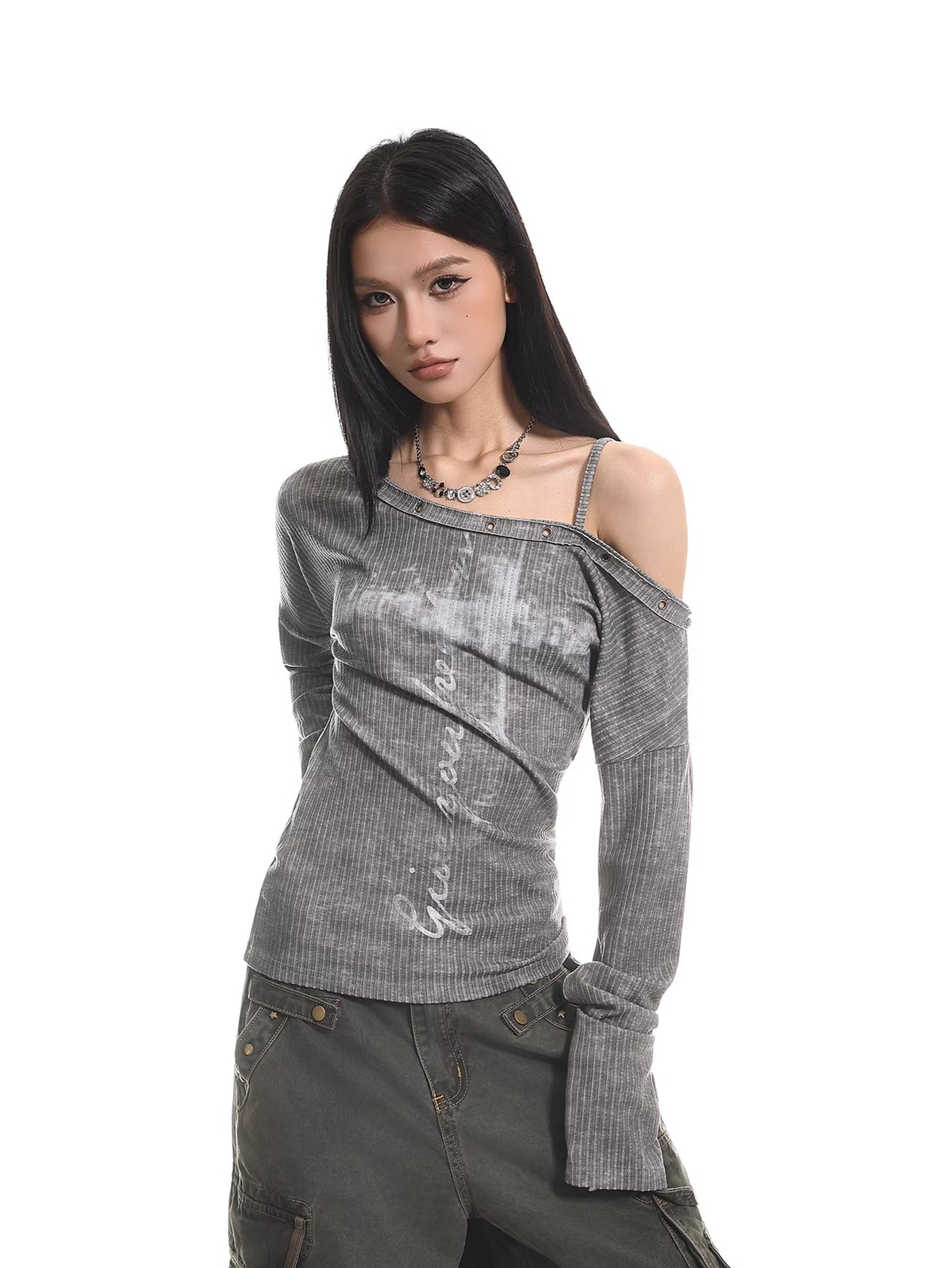 Distressed Off Shoulder Slim Top