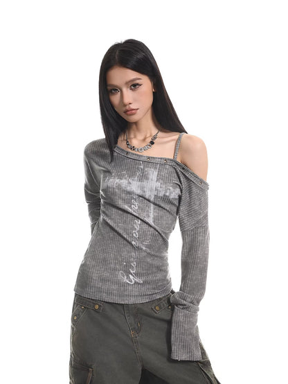 Distressed Off Shoulder Slim Top