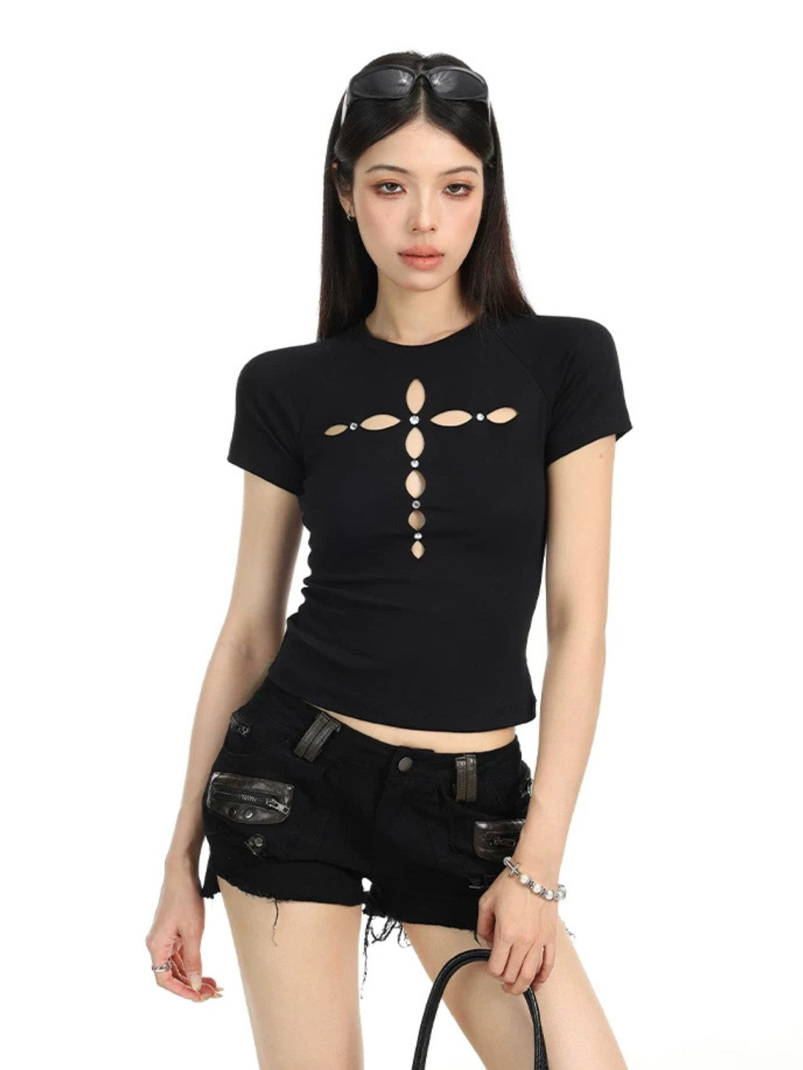 Hollow Cross Rhinestone Slim Tee