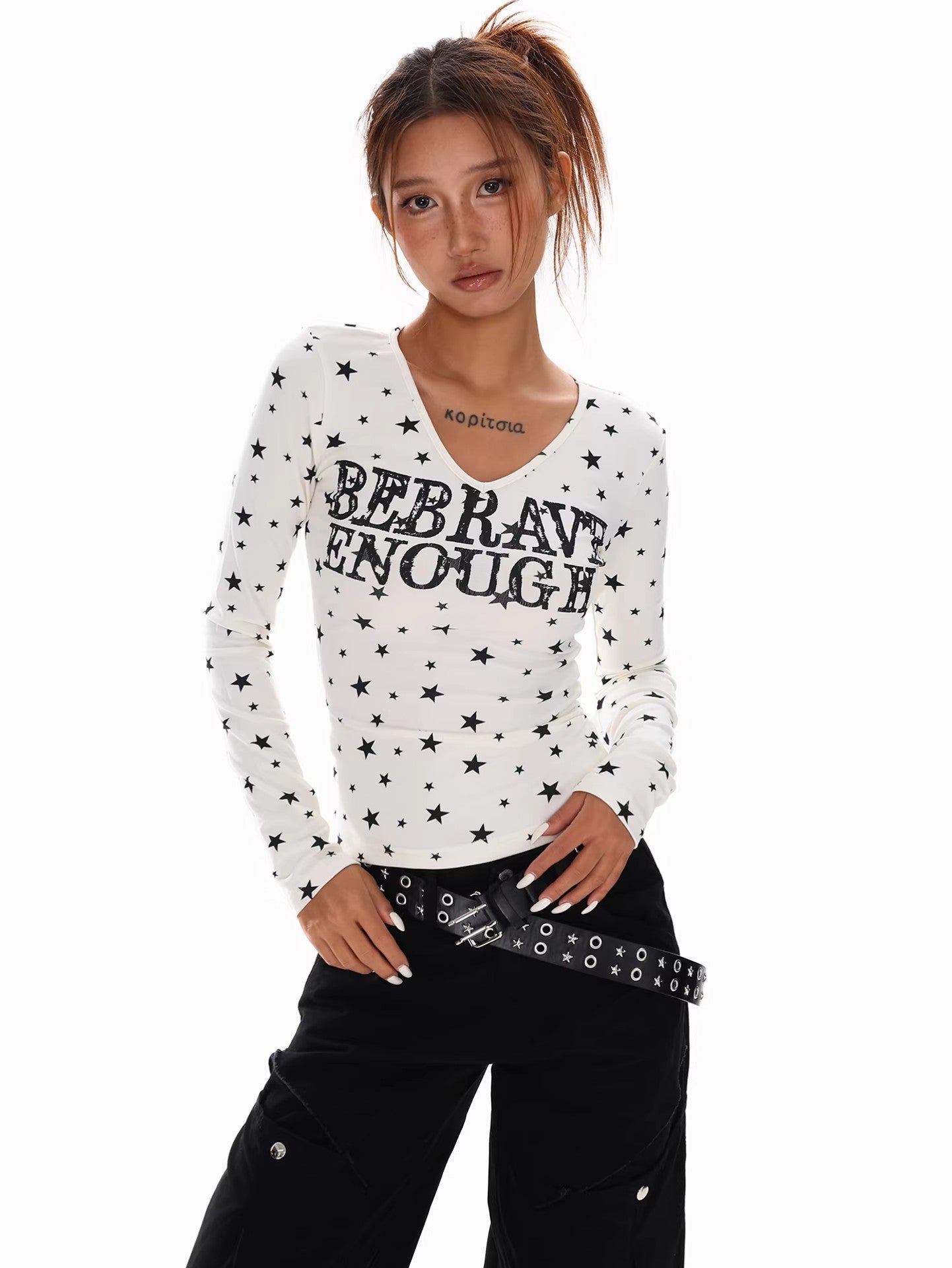 Star Print V Neck Top