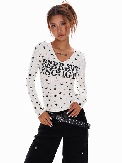 Star Print V Neck Top