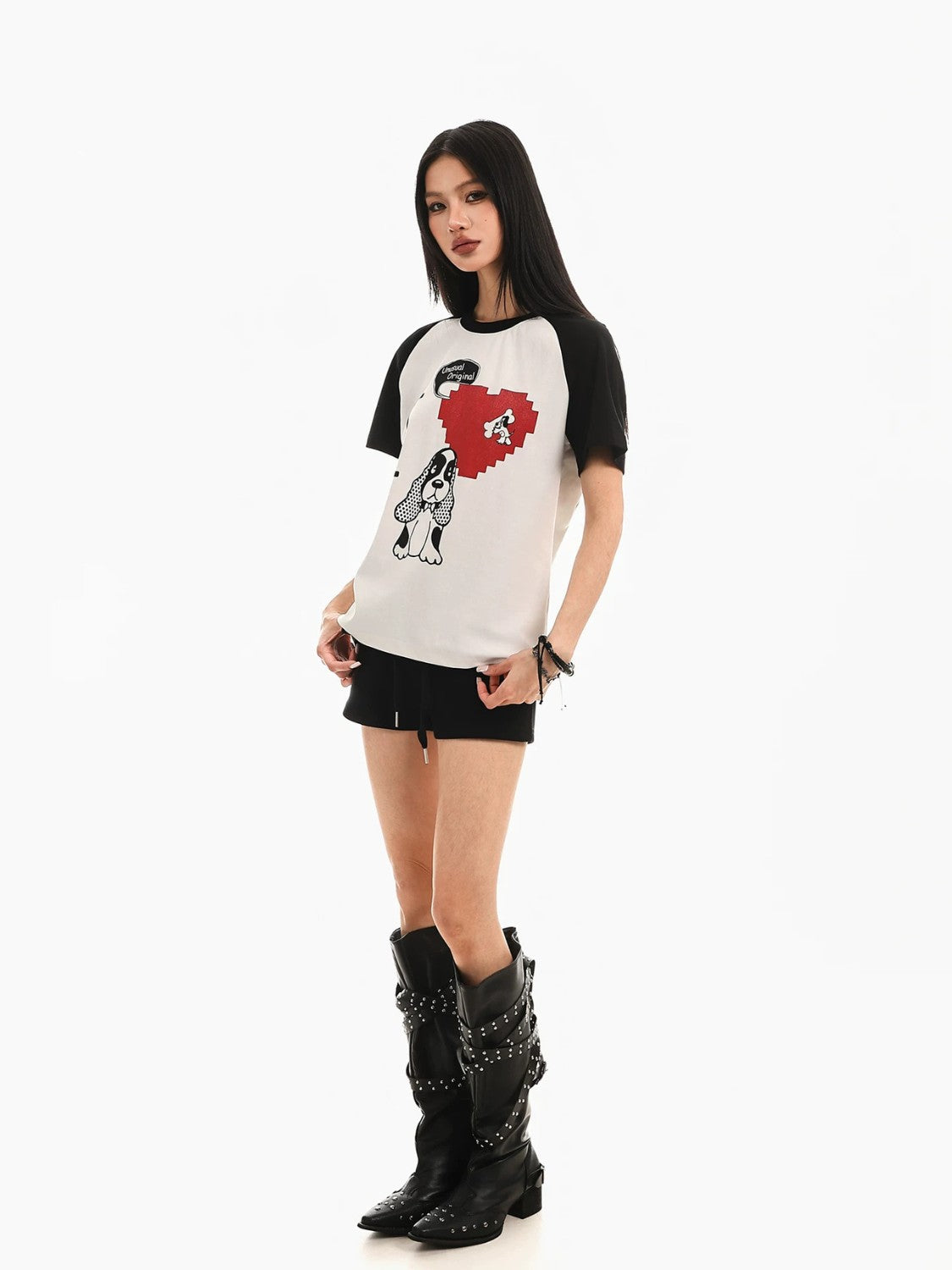 Retro Puppy Print Color Block T-Shirt