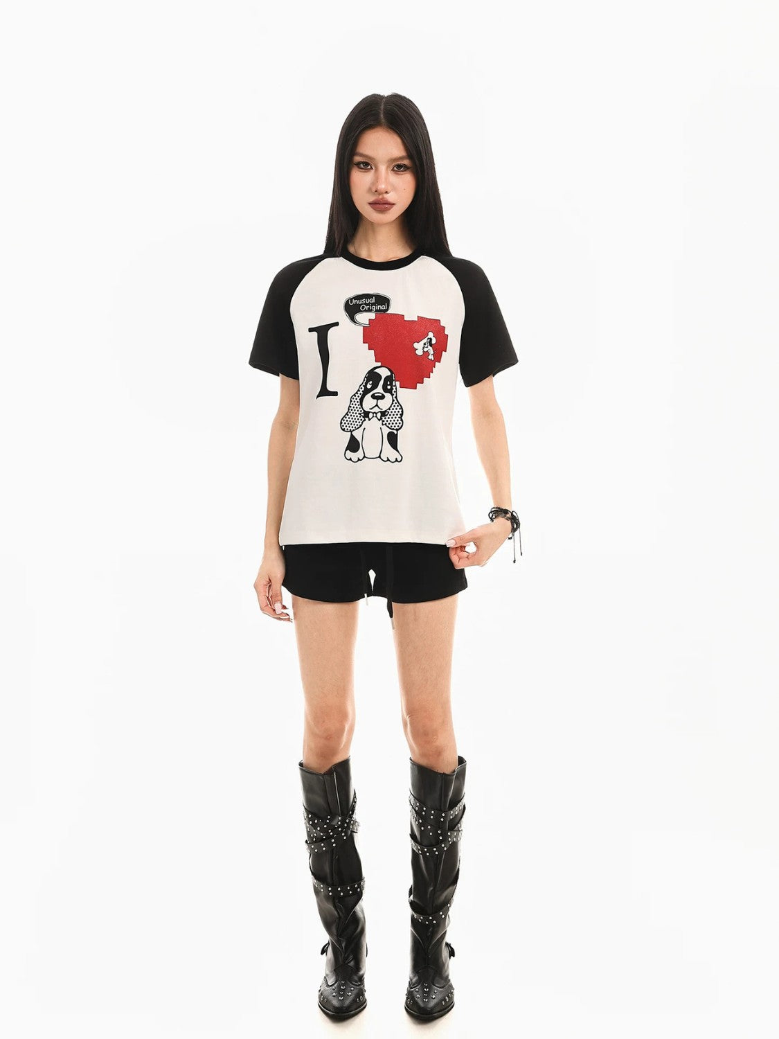 Retro Puppy Print Color Block T-Shirt