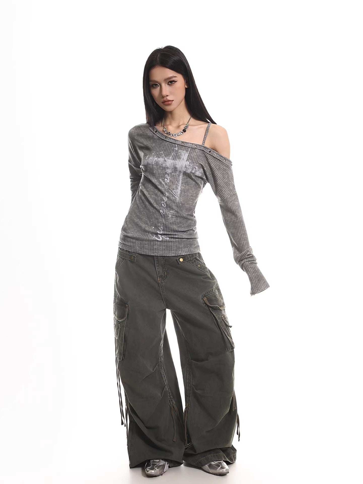 Distressed Off Shoulder Slim Top