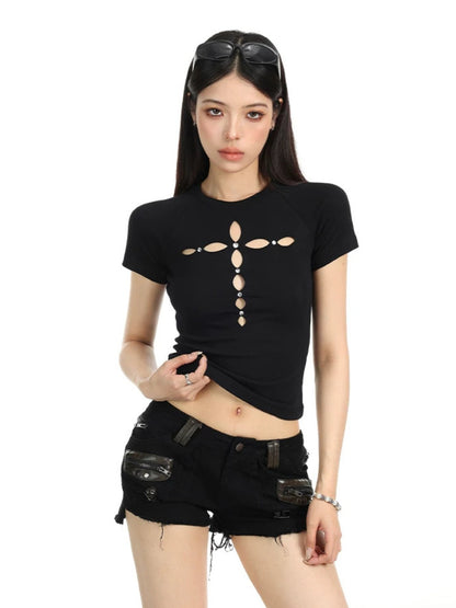 Hollow Cross Rhinestone Slim Tee