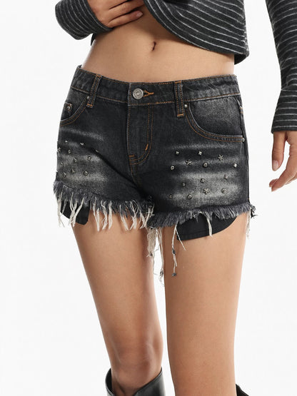 Studded Frayed Denim Shorts