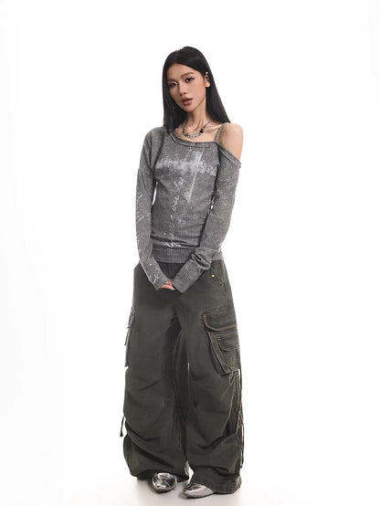 Distressed Off Shoulder Slim Top