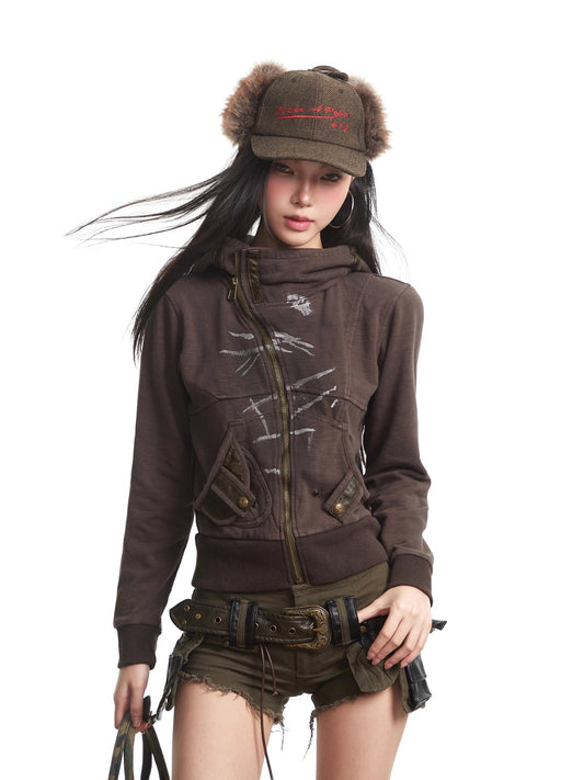 Retro Hooded Zipper Short Jacket