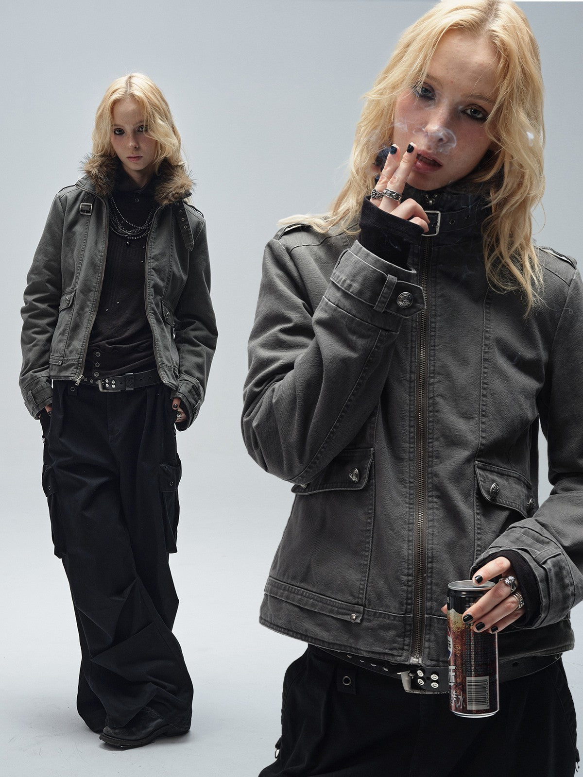 Sand Washed Punk Fur Collar Jacket