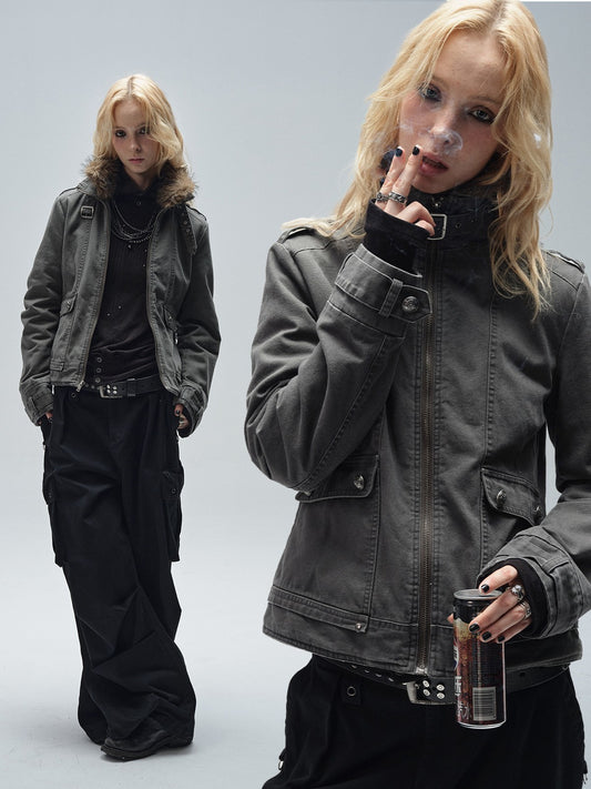 Sand Washed Punk Fur Collar Jacket