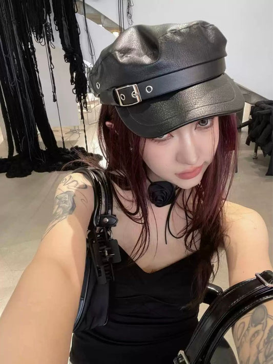 Leather Buckle Flat Top Beret