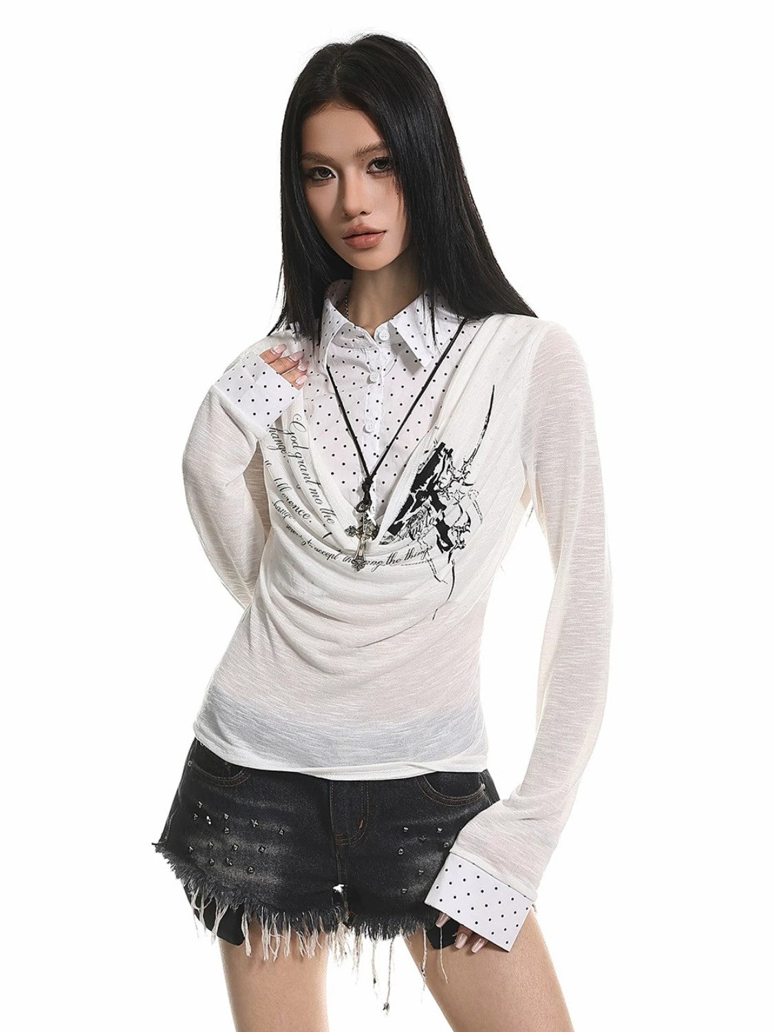 American Retro Faux Two-Piece Long Sleeve Top