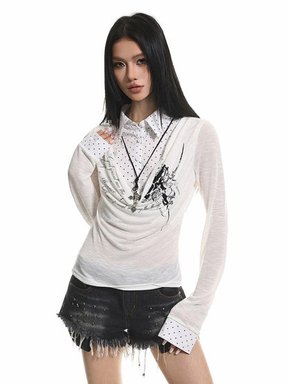American Retro Faux Two-Piece Long Sleeve Top