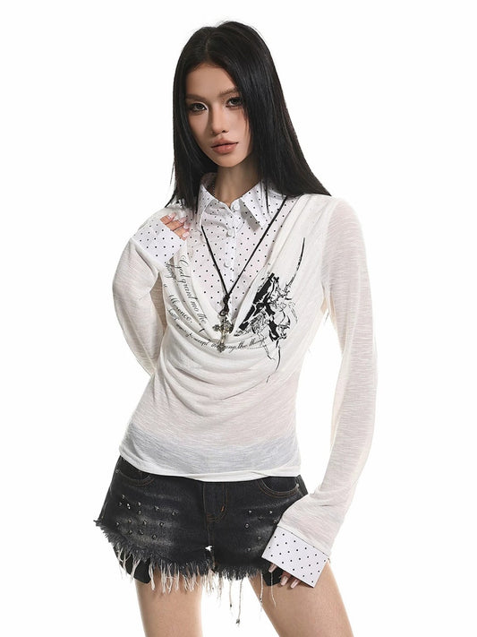 American Retro Faux Two-Piece Long Sleeve Top