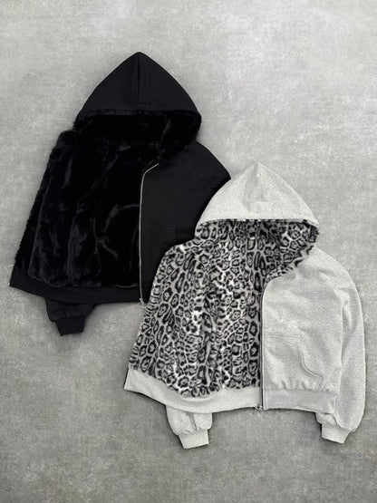 Reversible Leopard Print Zipper Hoodie