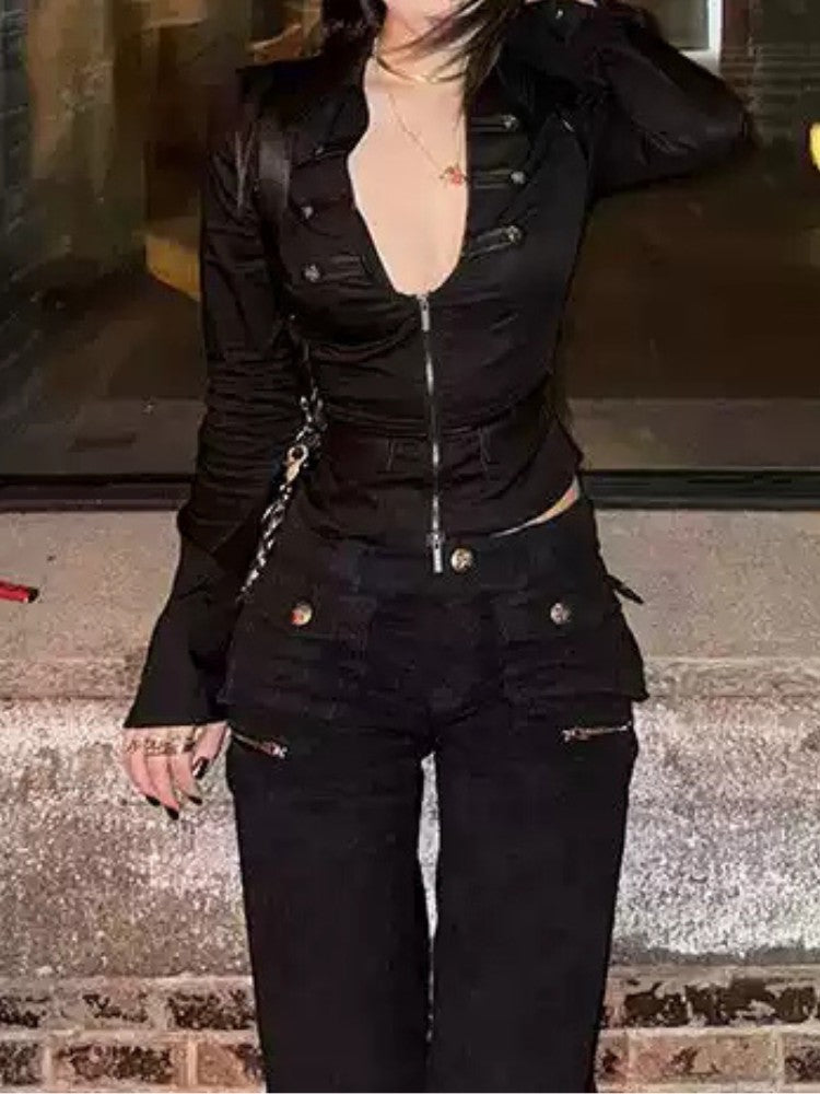 Retro Black Slim Fit Long Sleeve Top