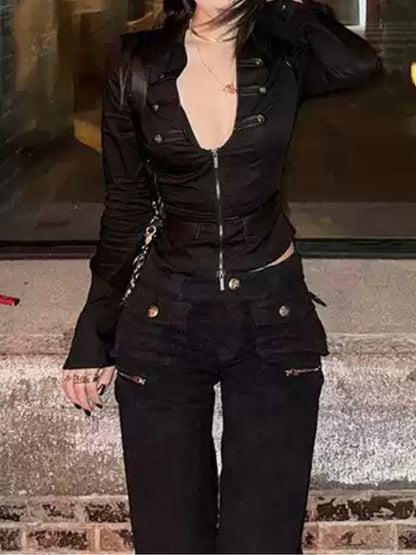 Retro Black Slim Fit Long Sleeve Top