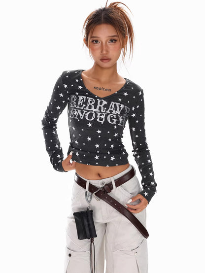 Star Print V Neck Top